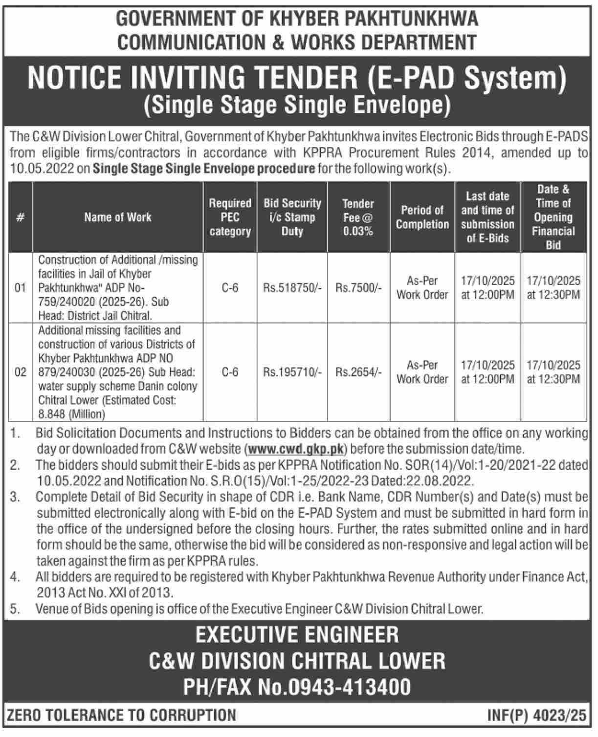 Communication & Works Department Lower Dir Tender Notice